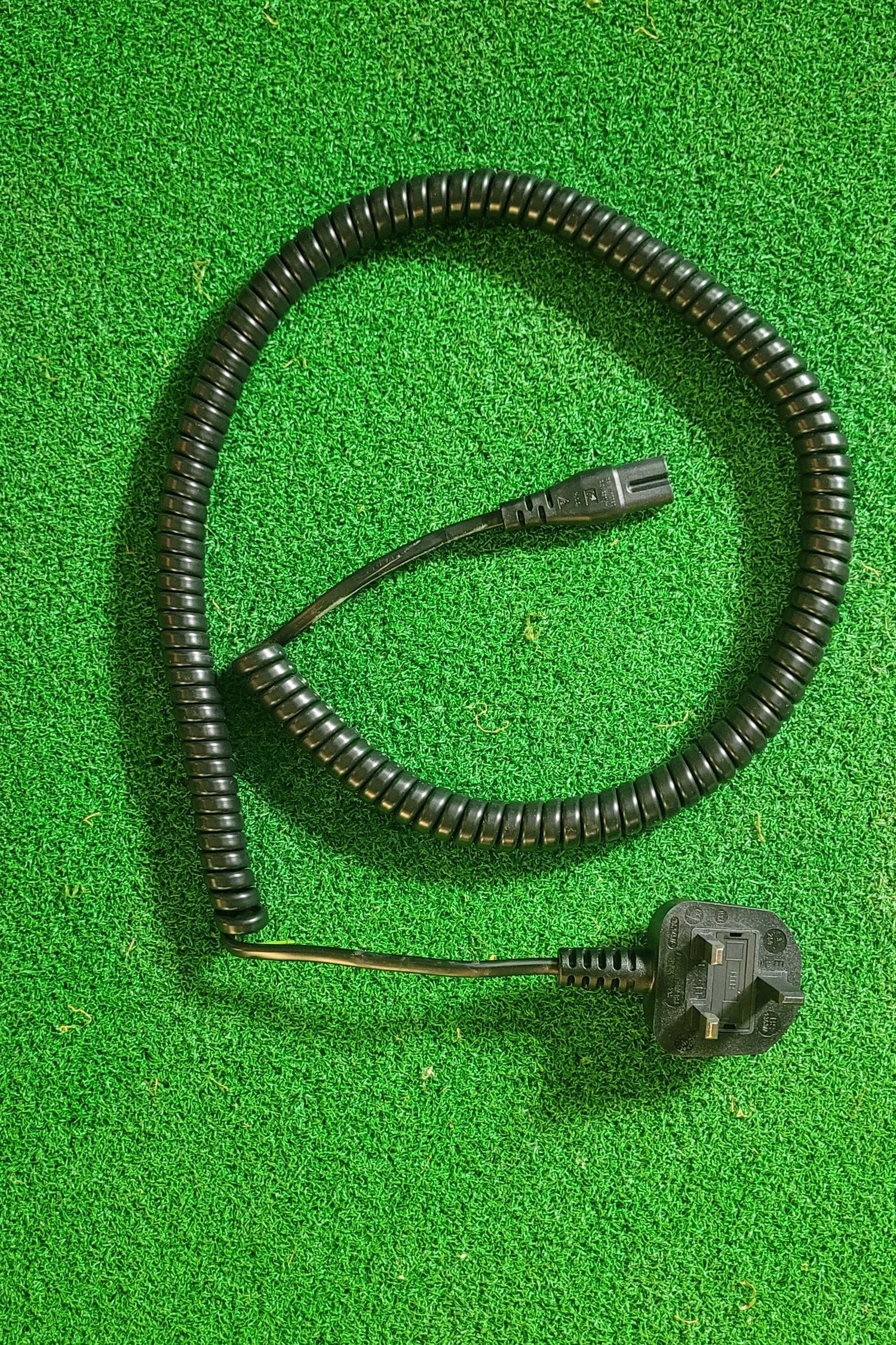 UK Mains Plug with 3A Fuse to 'Figure 8' (C7) Coiled Mains Lead, Black, 750mm coil length