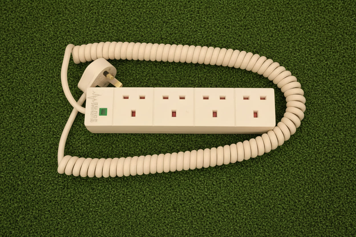 4-Way 1m Coiled White PVC Power Surge Extension lead