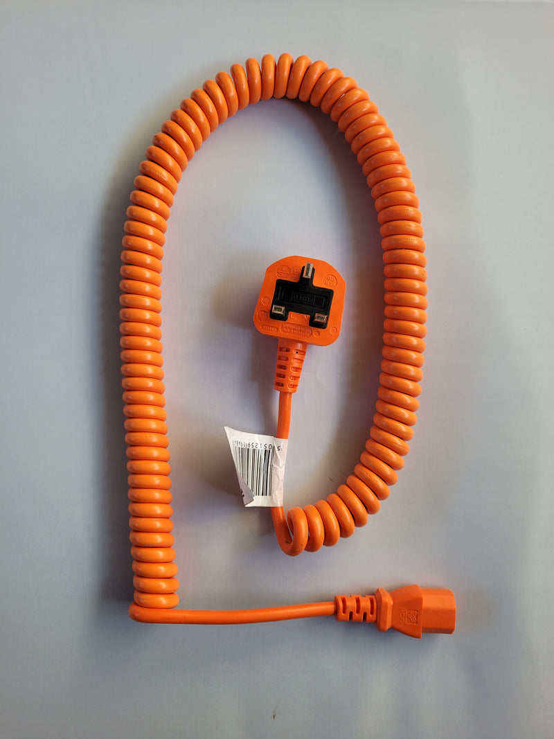650mm PVC Coiled Kettle Lead UK Mains Power Plug to IEC C13, in Orange, white or black