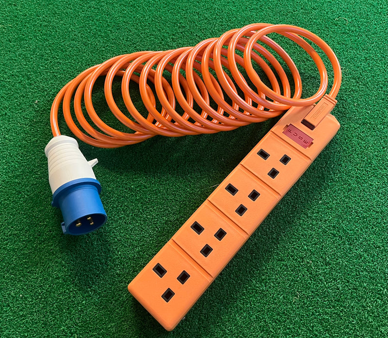 Camping and Caravan Mains Hook Up Lead, with IP44 connector and 4-way socket