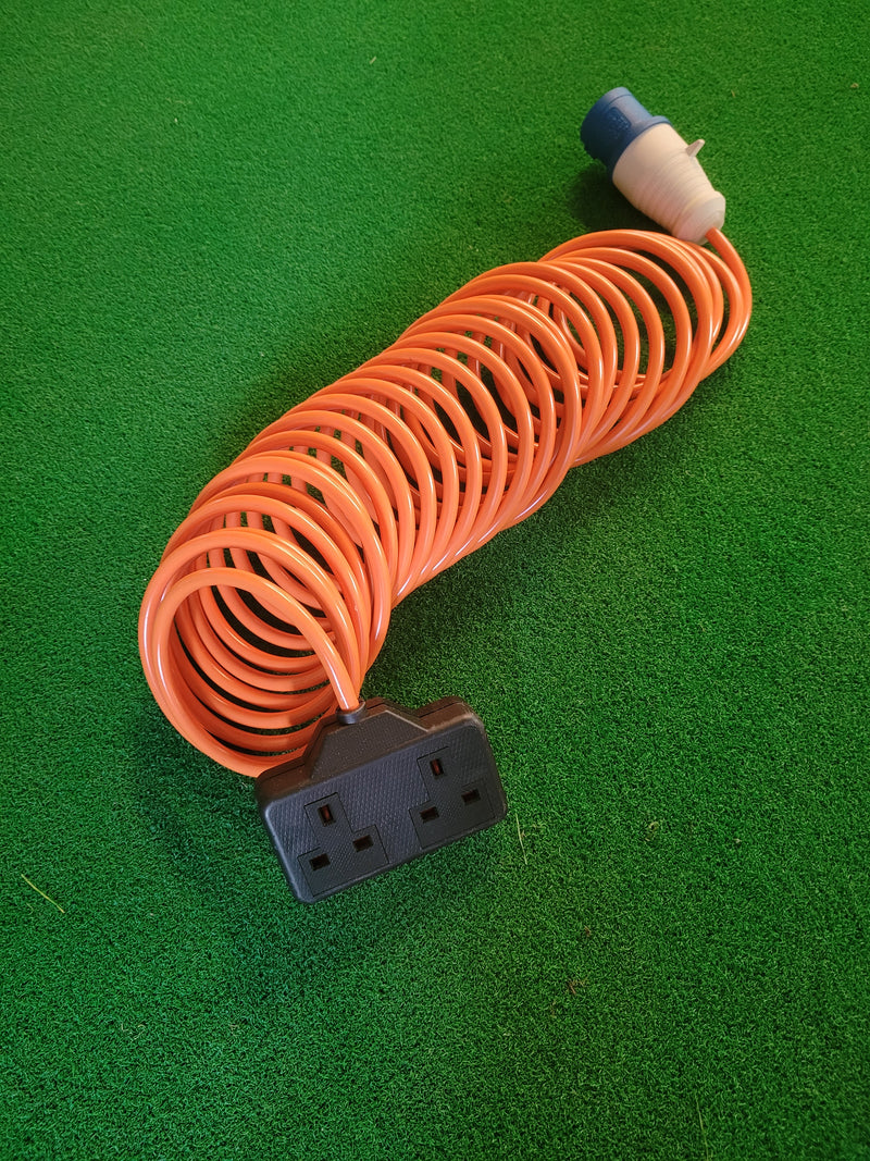 Camping and Caravan Mains Hook Up Lead, with IP44 connector and 2-way socket.