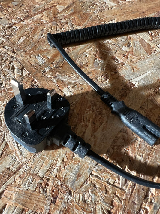 UK Mains Plug with 3A Fuse to 'Figure 8' (C7) Coiled Mains Lead in Black