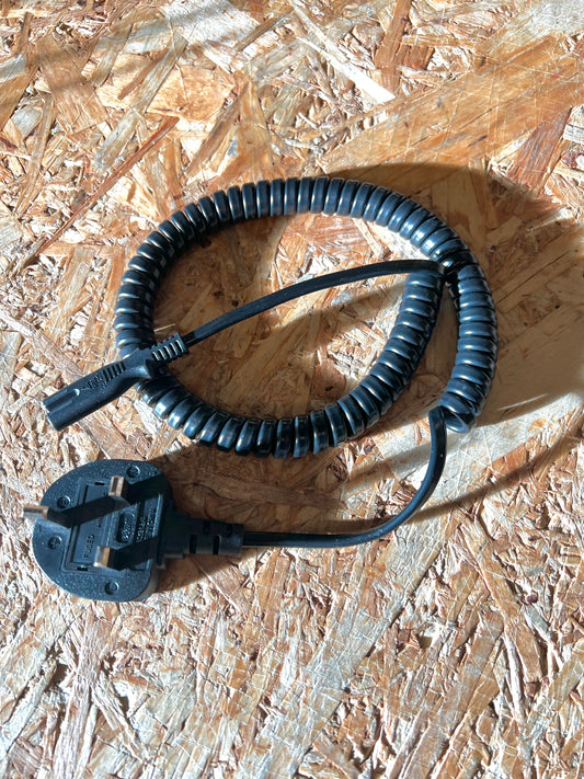 UK Mains Plug with 3A Fuse to 'Figure 8' (C7) Coiled Mains Lead in Black