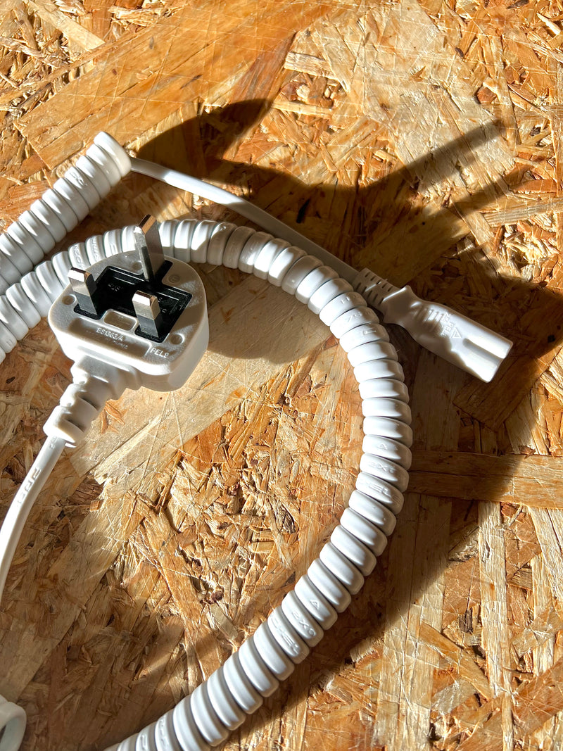 UK Mains Plug with 3A Fuse to 'Figure 8' (C7) Coiled Mains Lead in White