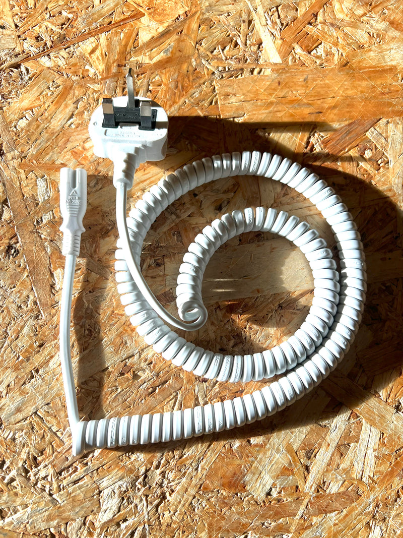 UK Mains Plug with 3A Fuse to 'Figure 8' (C7) Coiled Mains Lead in White