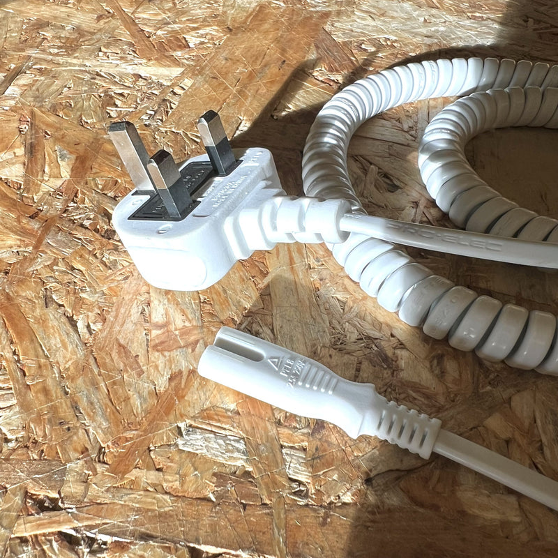 UK Mains Plug with 3A Fuse to 'Figure 8' (C7) Coiled Mains Lead in White