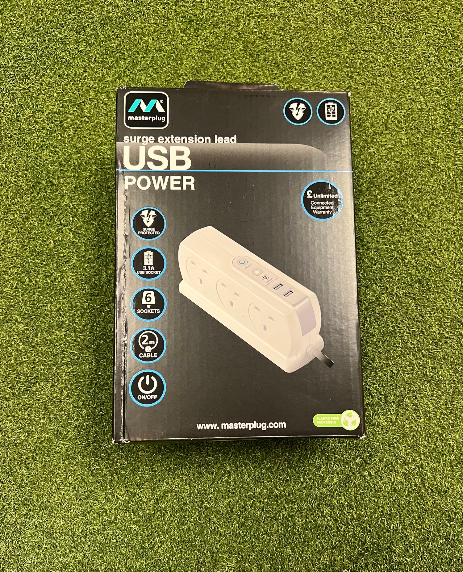 6-Way Compact Surge Extension Lead in White, 2m Straight Cable