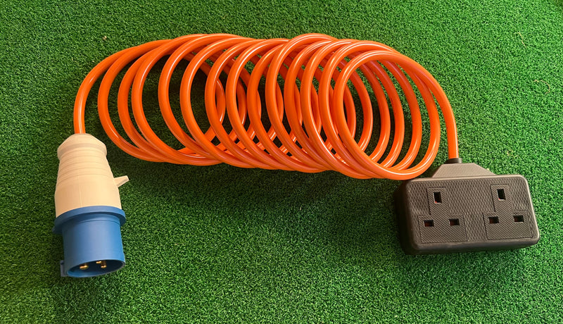 Camping and Caravan Mains Hook Up Lead, with IP44 connector and 2-way socket.