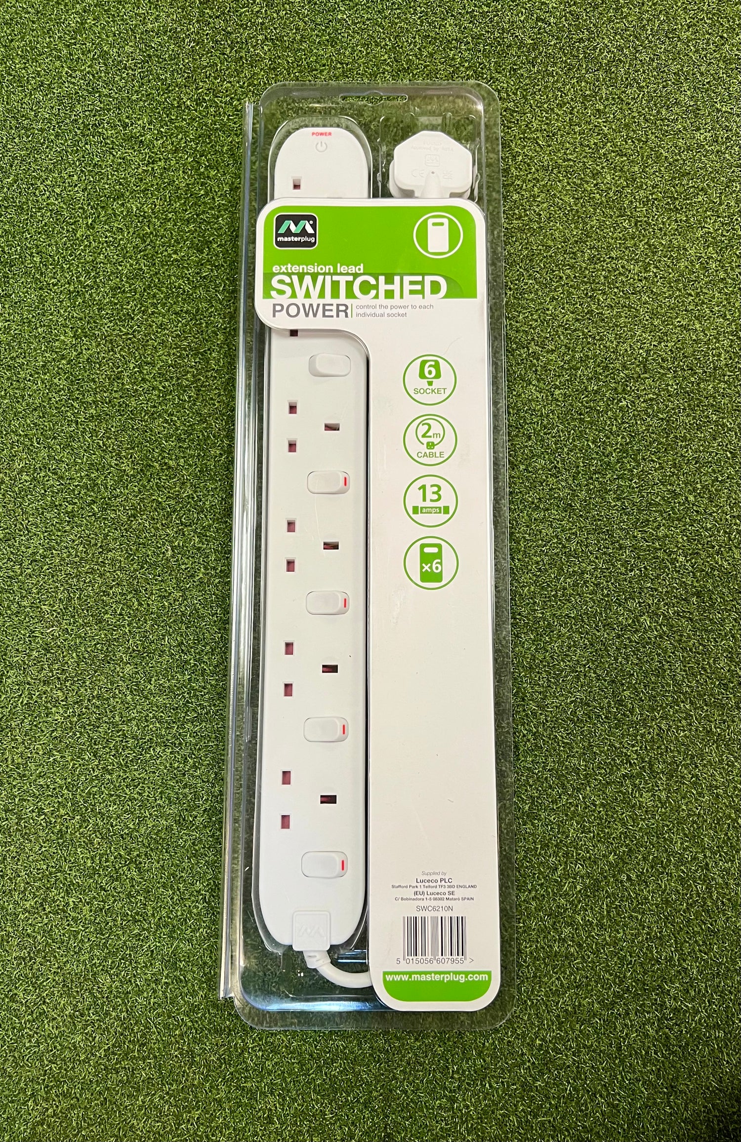 6-Gang, 2m Straight Extension Lead with Switches in White