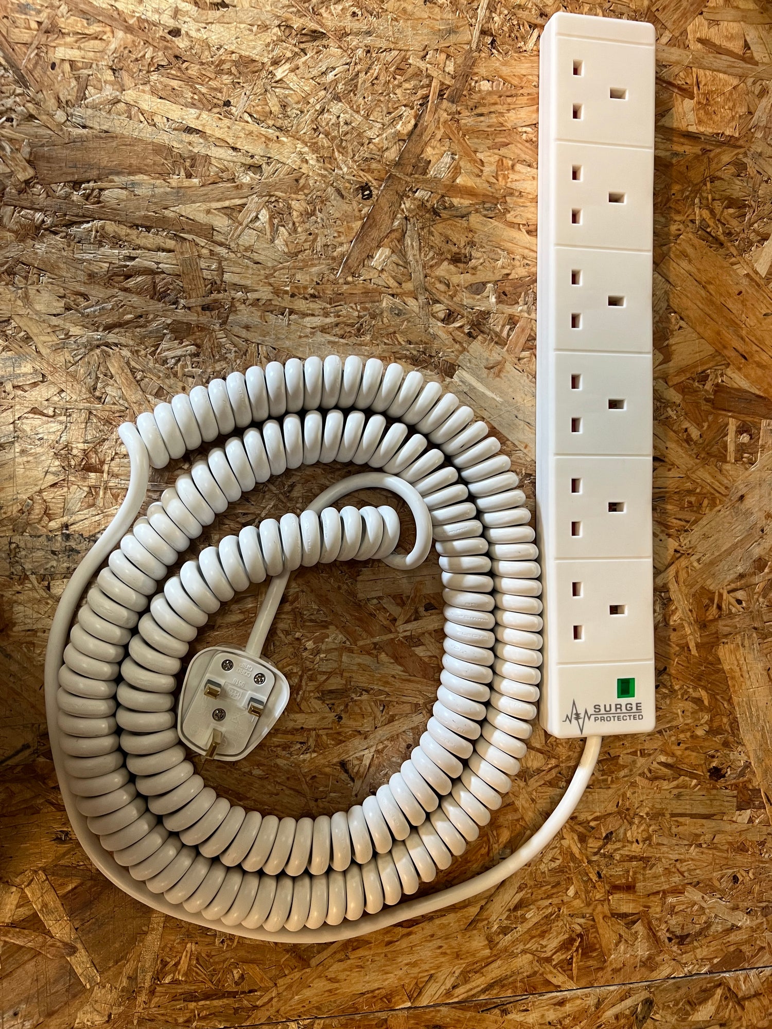 6 Way 1.3M Coil length White PVC Power Surge Extension lead