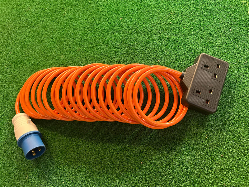 Camping and Caravan Mains Hook Up Lead, with IP44 connector and 2-way socket.