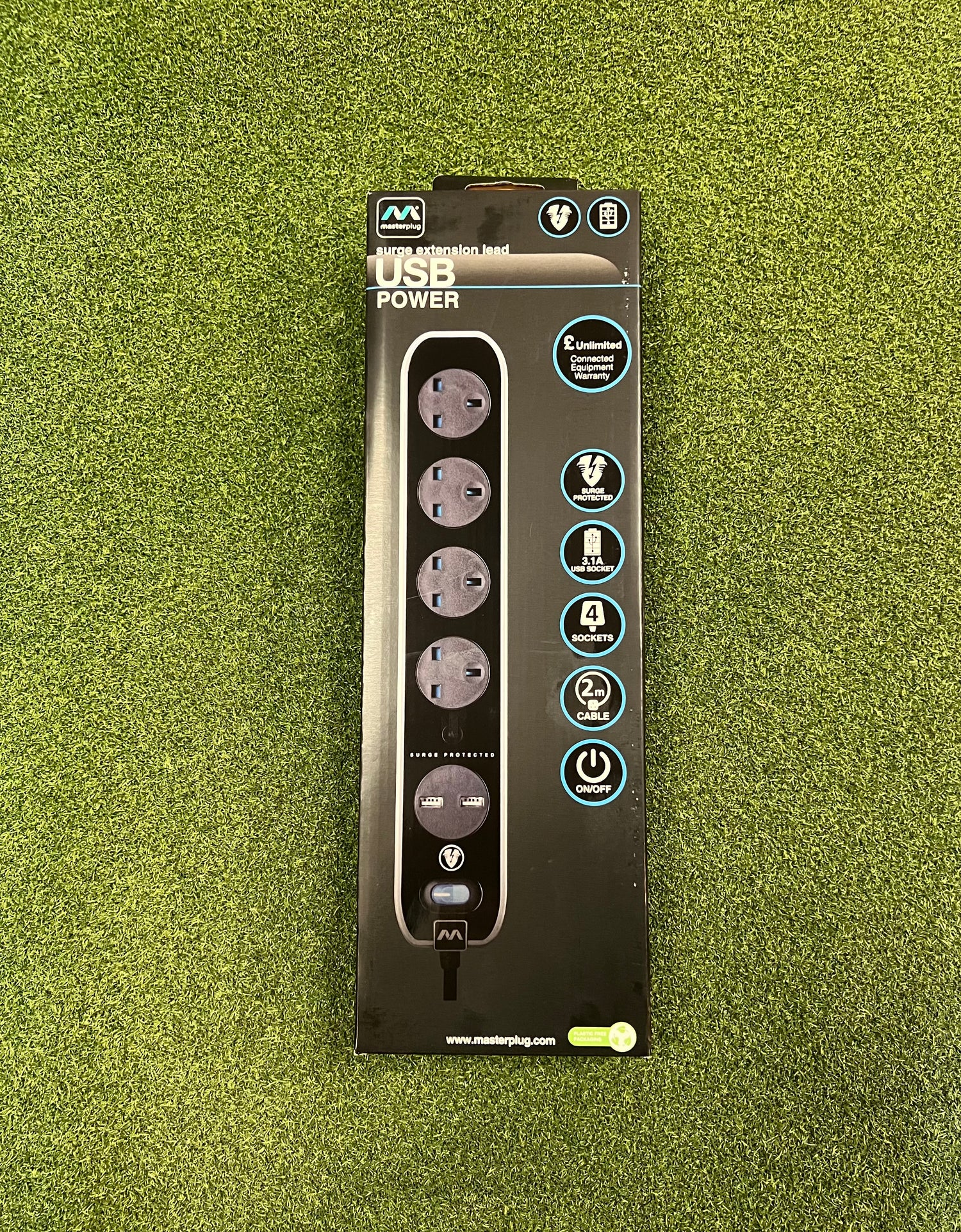 Black High Gloss, 4-Gang (and 2 USB Ports) 2m Extension Lead