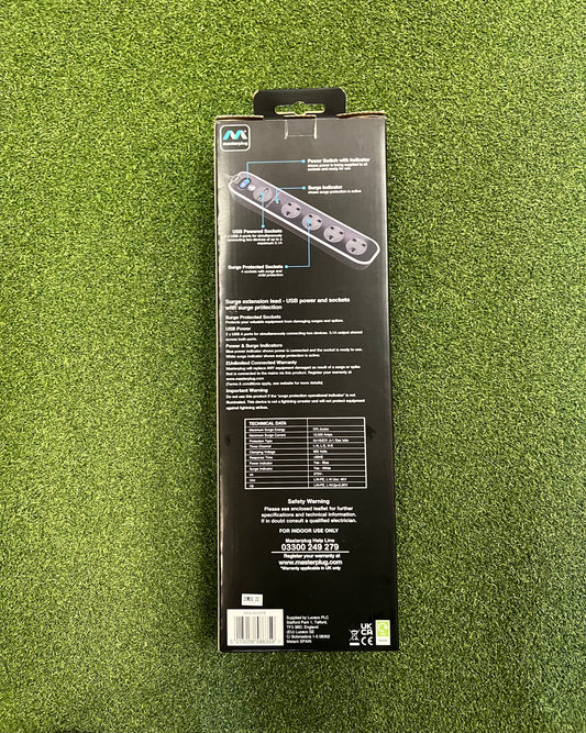 Black High Gloss, 4-Gang (and 2 USB Ports) 2m Extension Lead