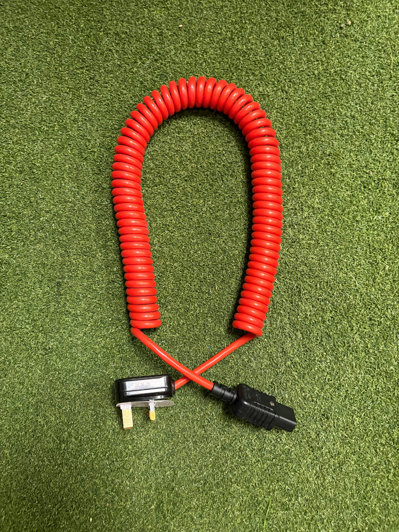 PUR Coiled Kettle Lead UK Mains Power Plug to IEC C13, in Orange and black