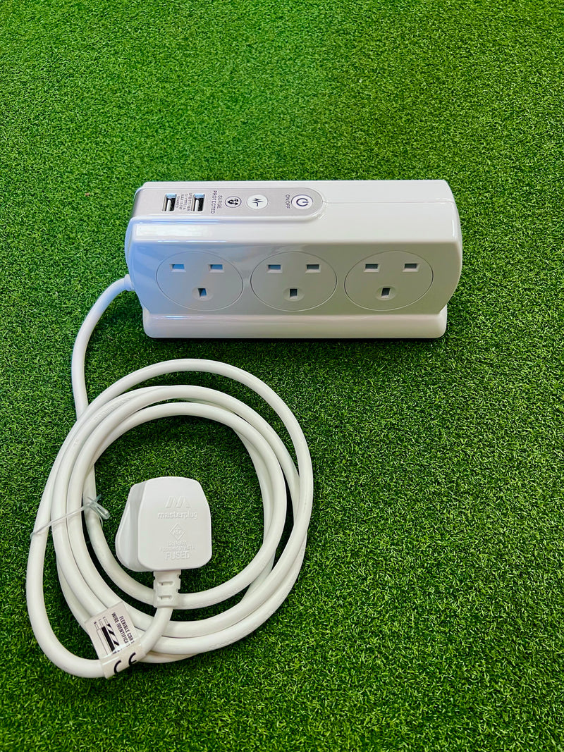 6-Way Compact Surge Extension Lead in White, 2m Straight Cable