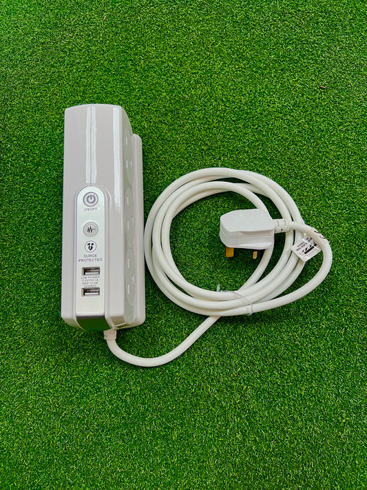 6-Way Compact Surge Extension Lead in White, 2m Straight Cable