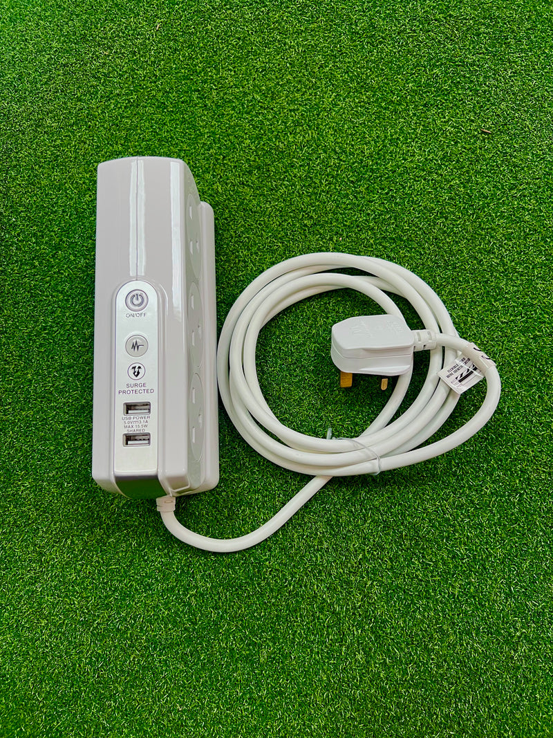 6-Way Compact Surge Extension Lead in White, 2m Straight Cable