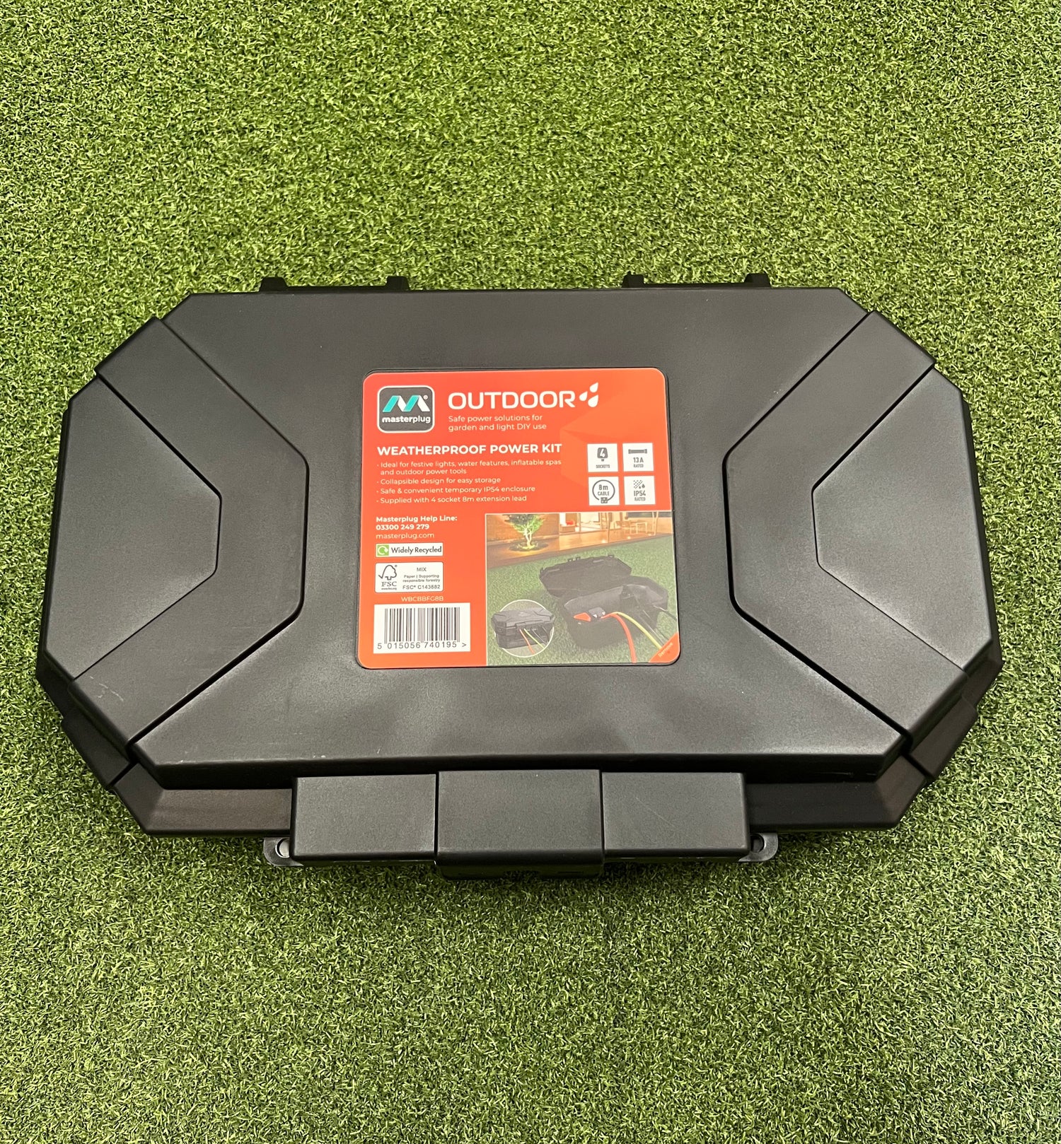 4-Way, 8m Black Extension Lead with a Collapsible Weatherproof Box