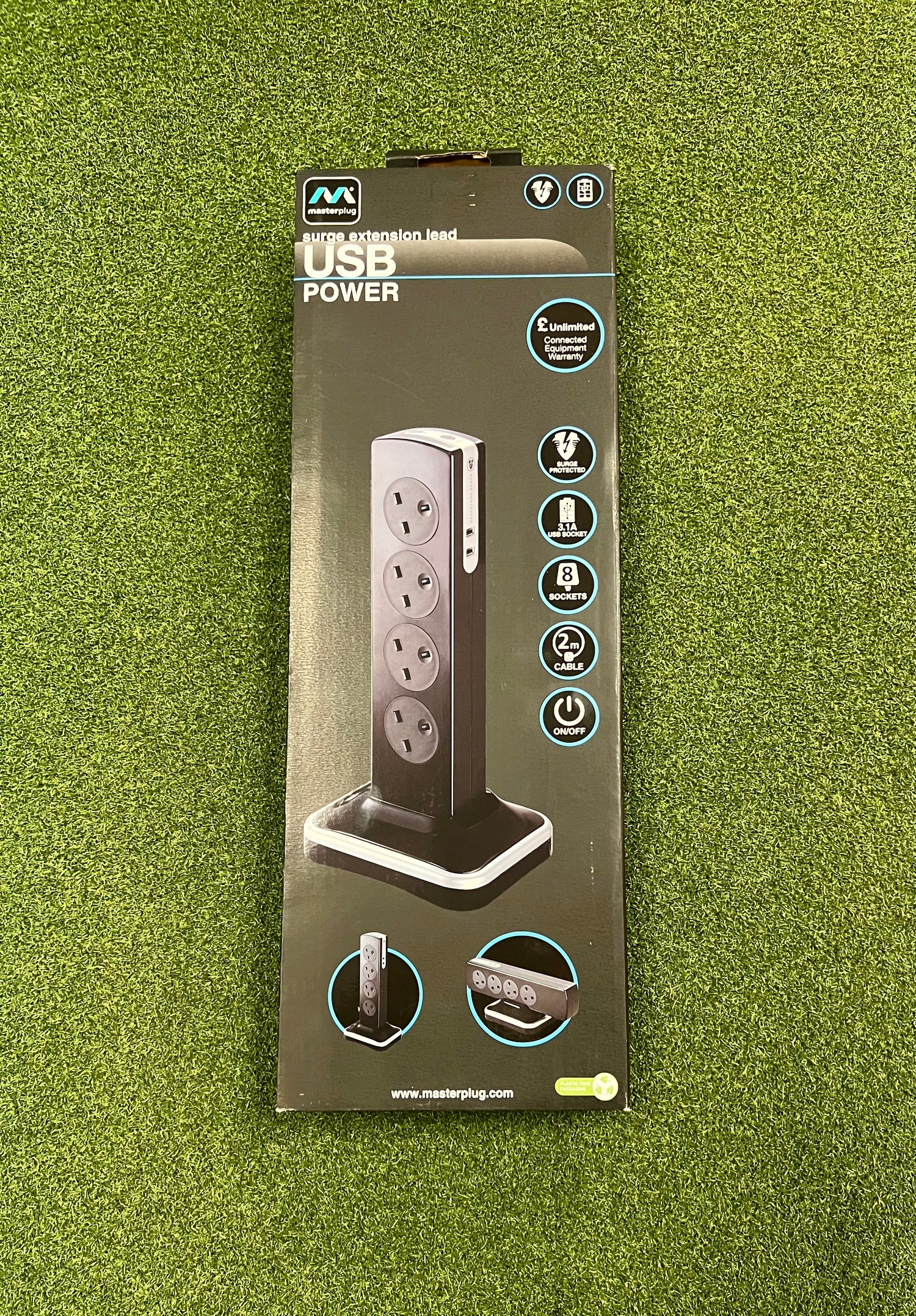 8-Way, 2m Straight Cable, Black Tower Extension Lead