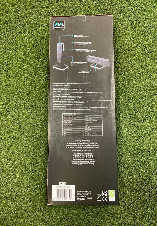 8-Way, 2m Straight Cable, Black Tower Extension Lead