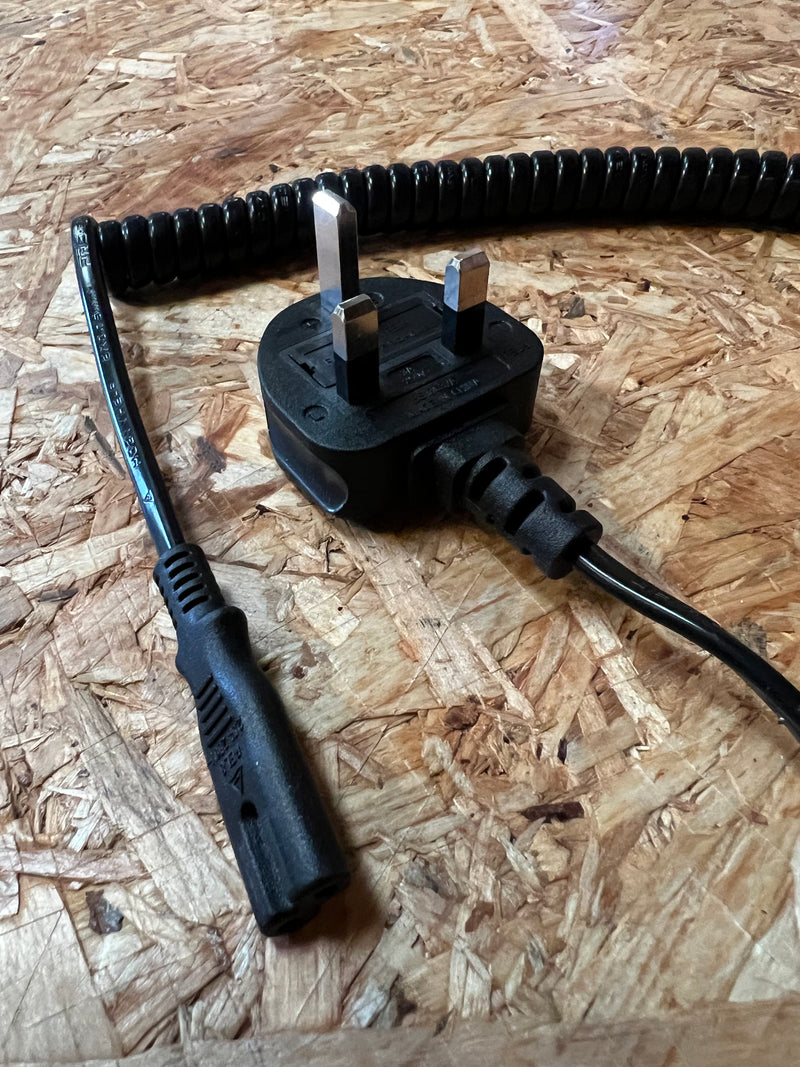 Coiled UK Mains Plug with IEC C7 Power Lead